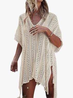 Beige Crochet V-Neck Swim Cover-Up Tunic